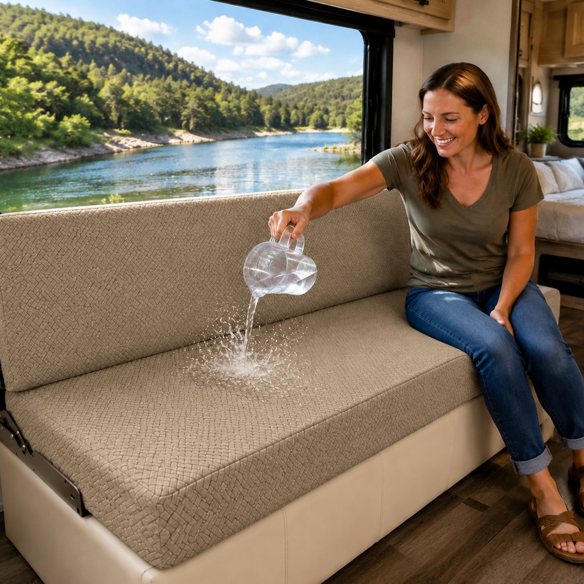 Water beading on a waterproof TPU RV jackknife sofa cover