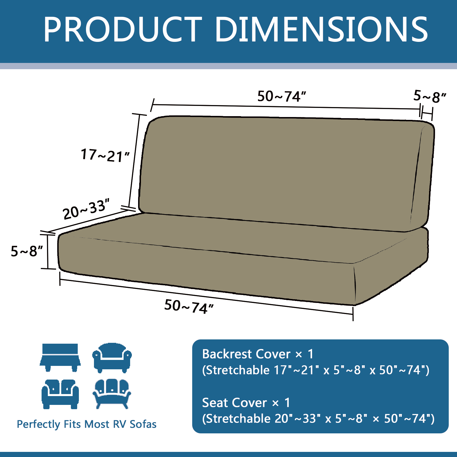 JUIN RV Couch Cover: 2 PCS Camper Couch Cover for Jackknife Sofa Bed Khaki