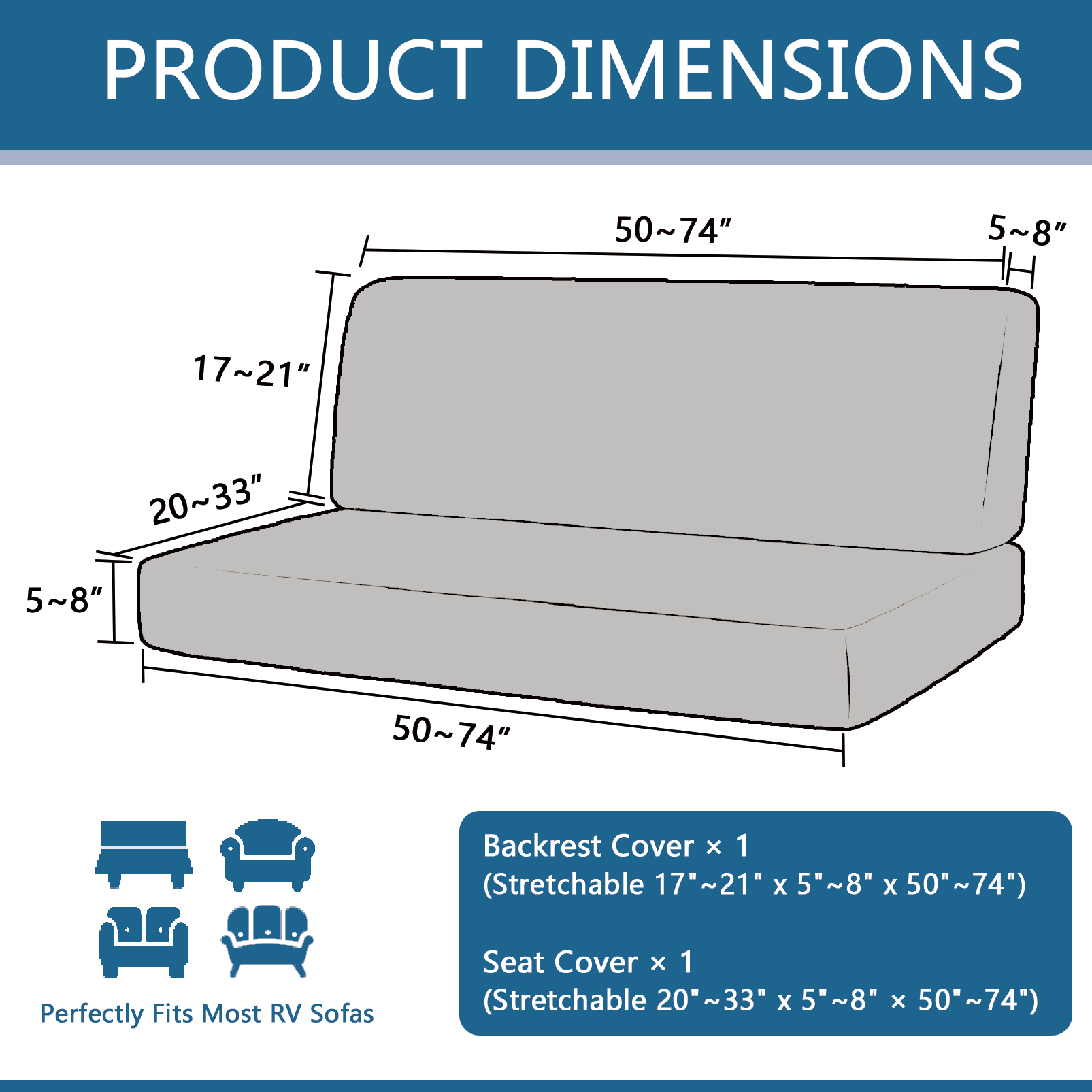 JUIN RV Couch Cover: 2 PCS Camper Couch Cover for Jackknife Sofa Bed Gray