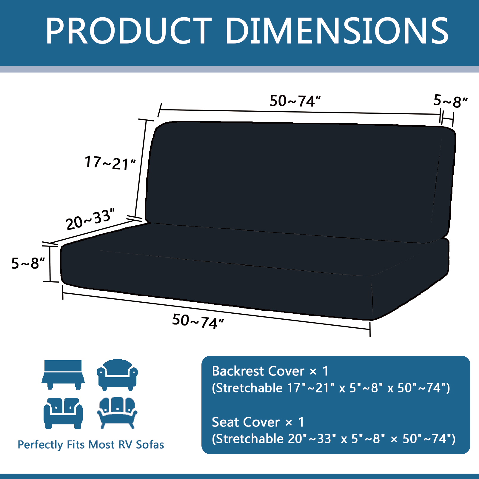 JUIN RV Couch Cover: 2 PCS Camper Couch Cover for Jackknife Sofa Bed Blue