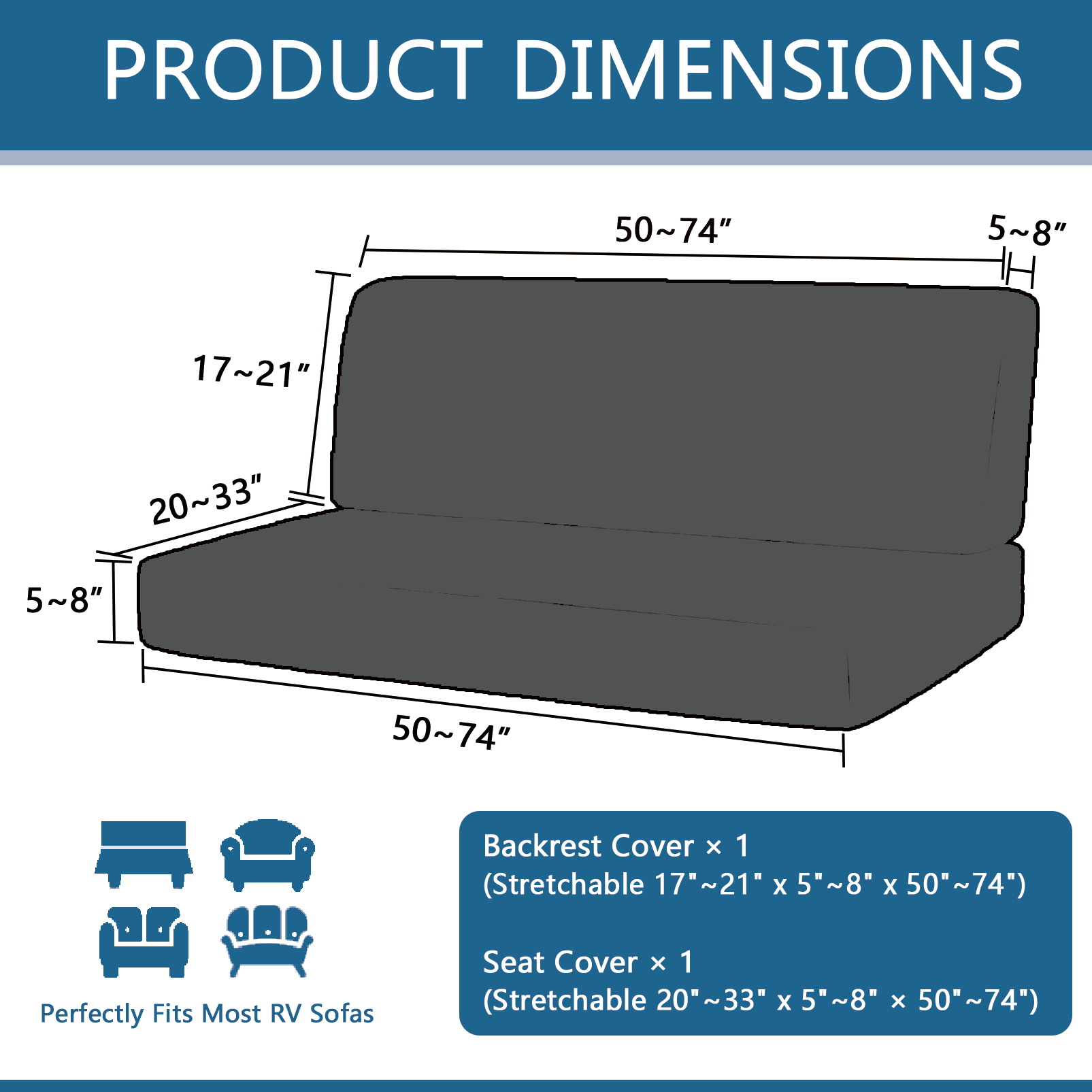 JUIN RV Couch Cover: 2 PCS Camper Couch Cover for Jackknife Sofa Bed Black