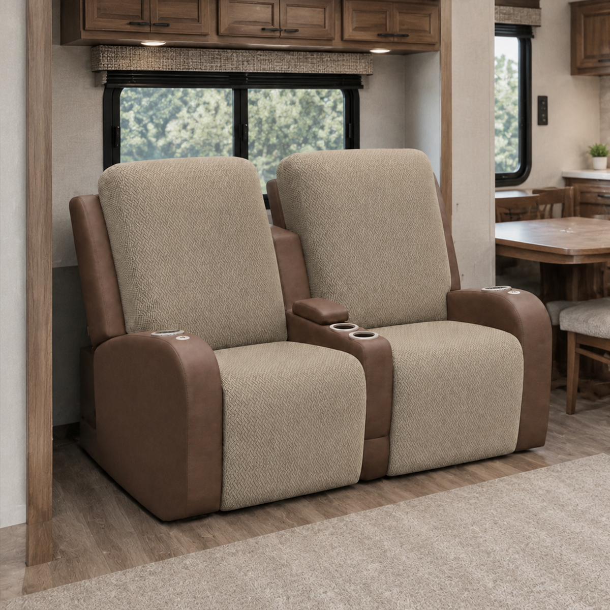 RV theater seating with separate seat and backrest covers and visible center console