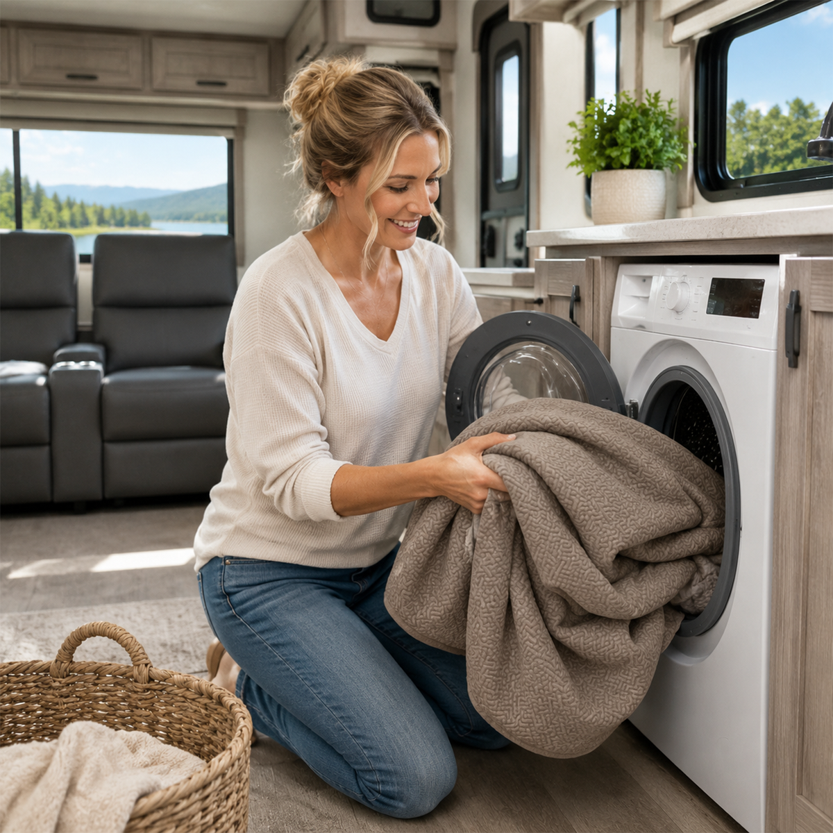 RV theater seating covers being placed in a washing machine