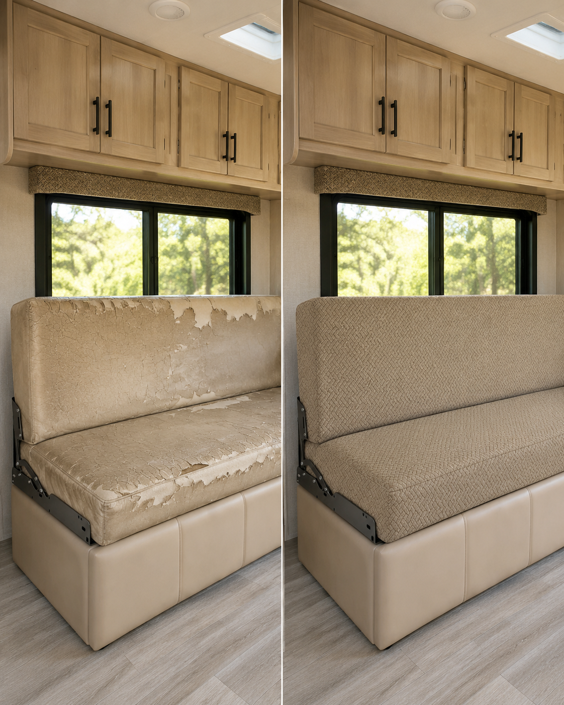 Before and after makeover of an RV jackknife sofa with a cover