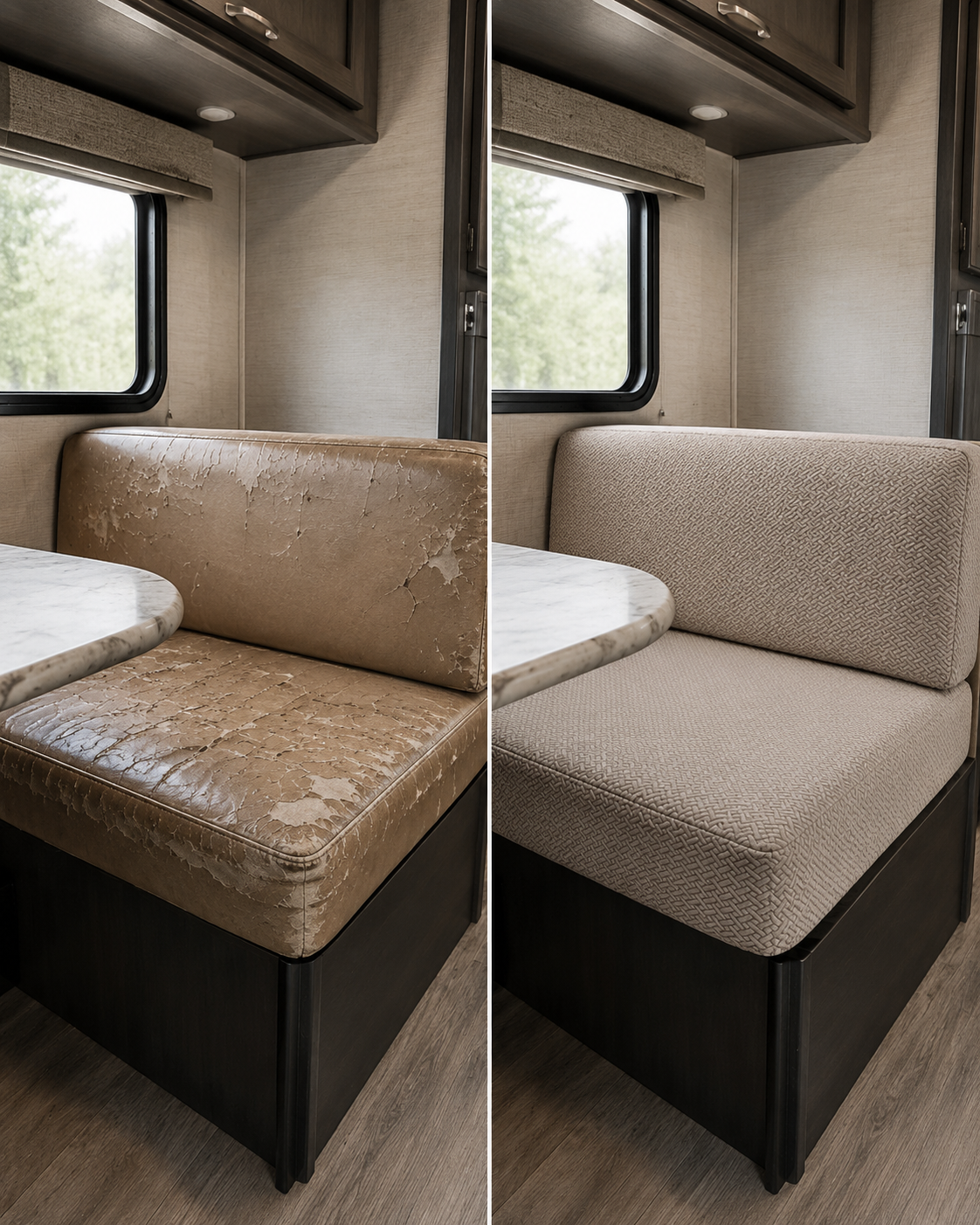 Before and after RV dinette makeover with waterproof cushion covers