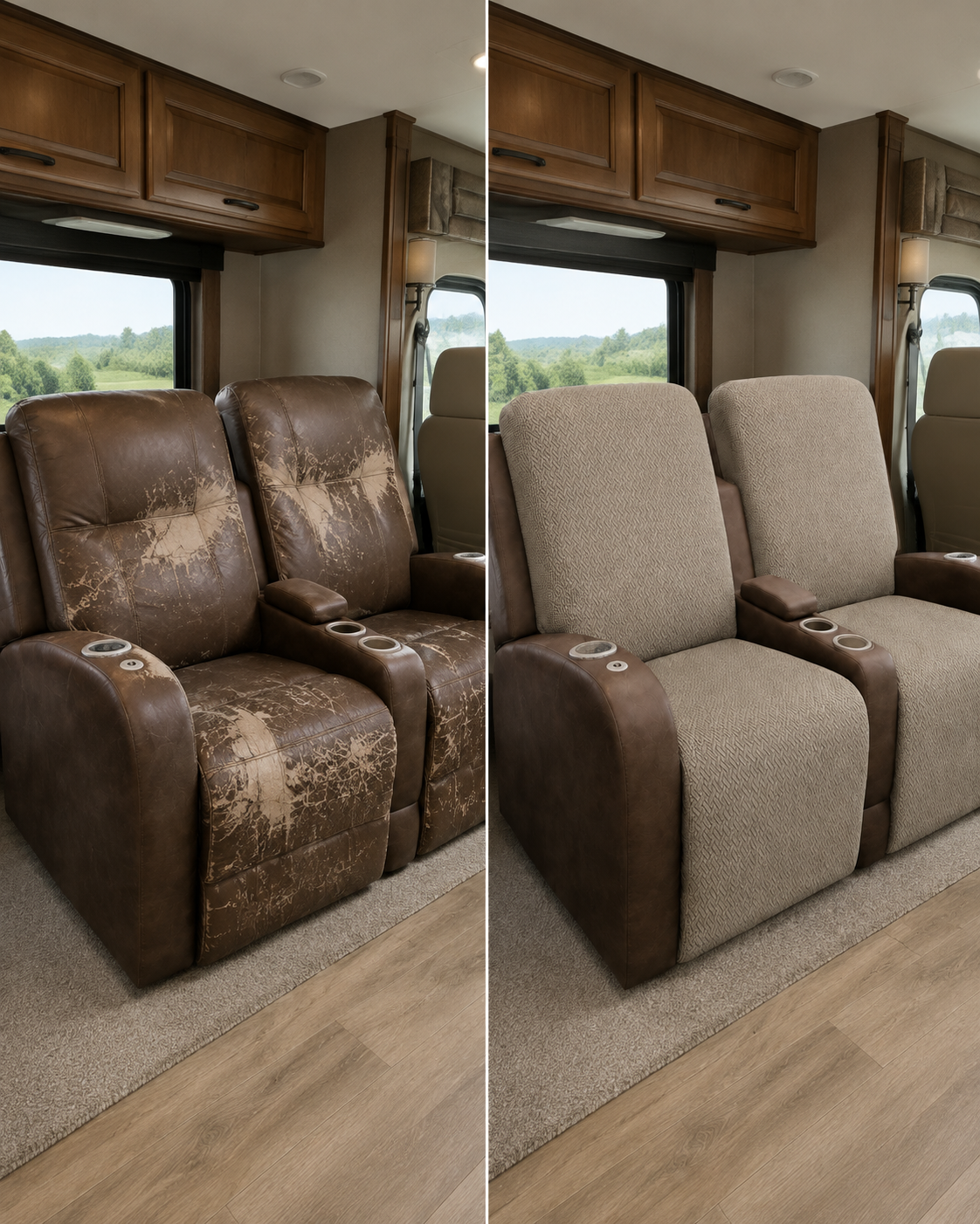 Before and after RV theater seating makeover with four-piece covers